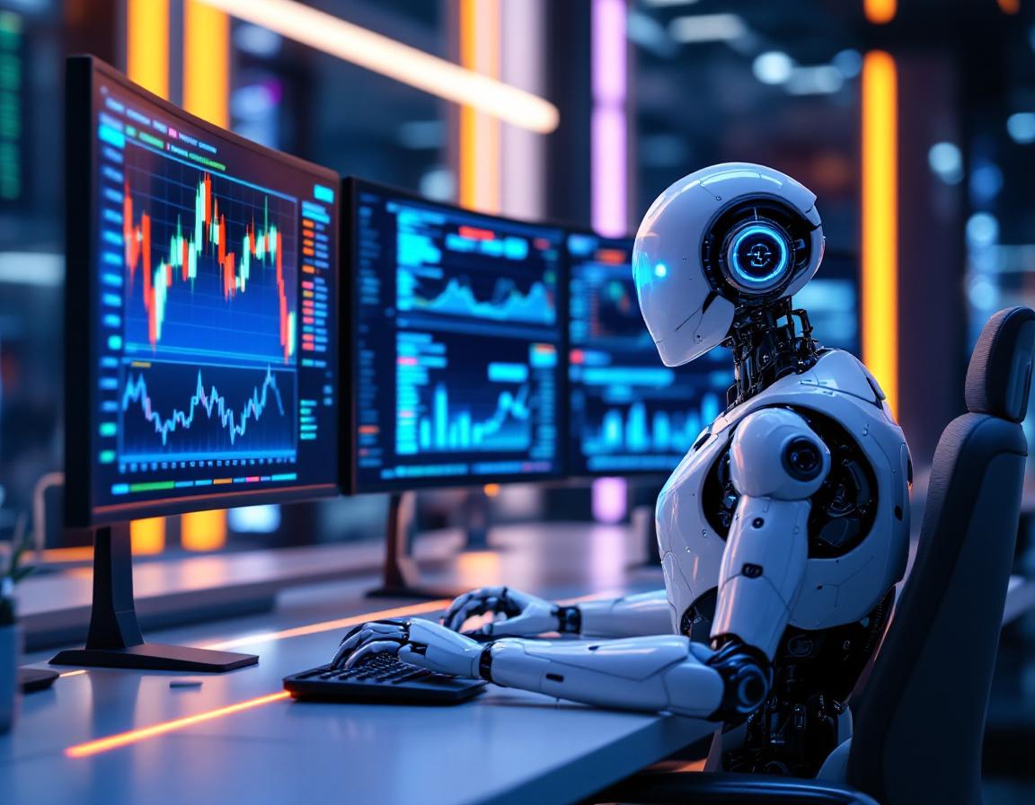 A hyper-realistic AI trading bot analyzes market data on multiple screens in a futuristic setting.