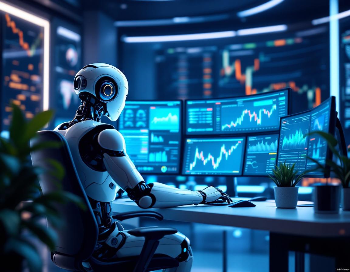 A 3D realistic AI trading bot at a high-tech workstation, analyzing data on multiple screens.