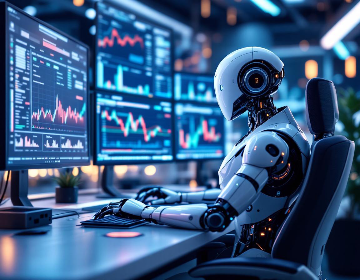 A humanoid AI trading bot analyzes market data at a high-tech workstation with multiple screens.