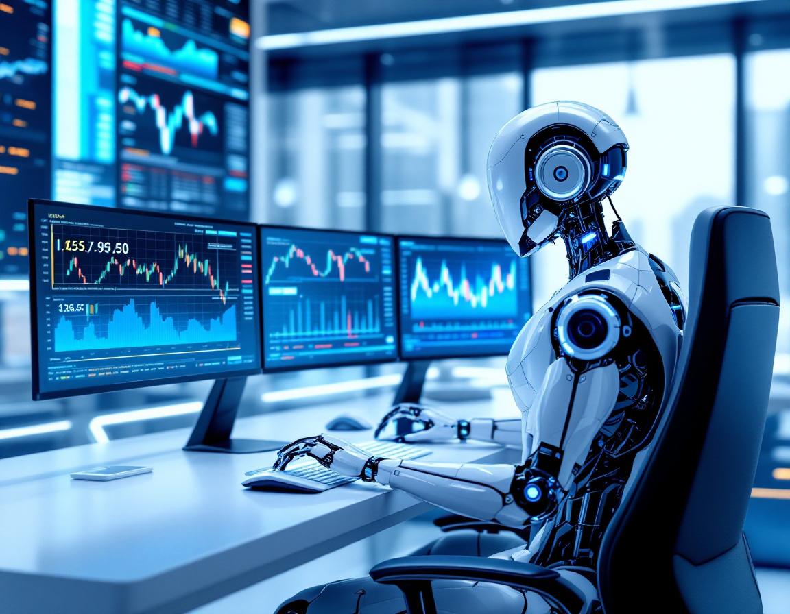 A hyper-realistic AI trading bot operates at a high-tech workstation with market data screens.