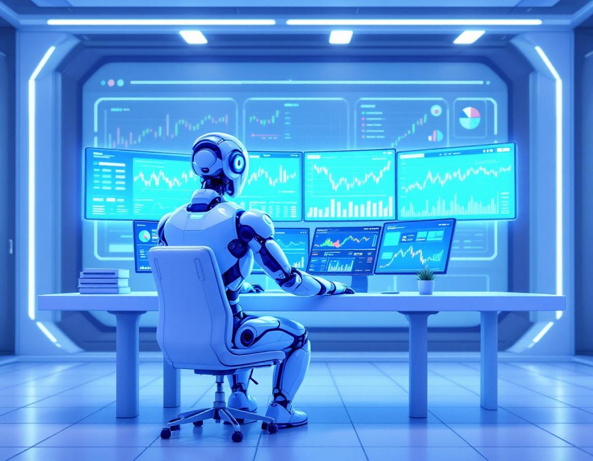 A humanoid AI trading bot analyzes market data at a sophisticated workstation with multiple screens.