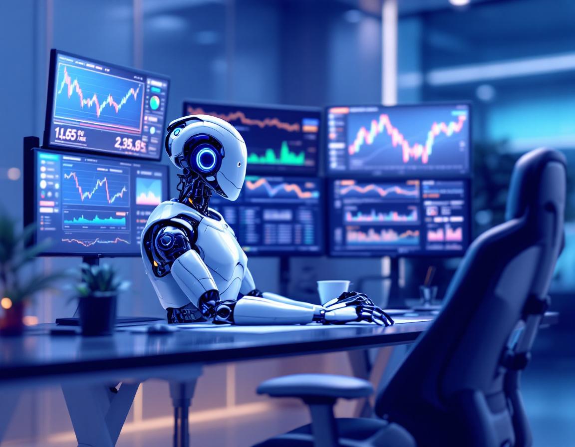 A humanoid AI trading bot analyzes market data at a high-tech workstation with multiple screens.