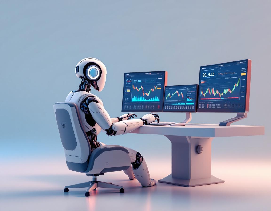 A humanoid AI trading bot at a workstation, analyzing crypto and stock data on multiple screens.