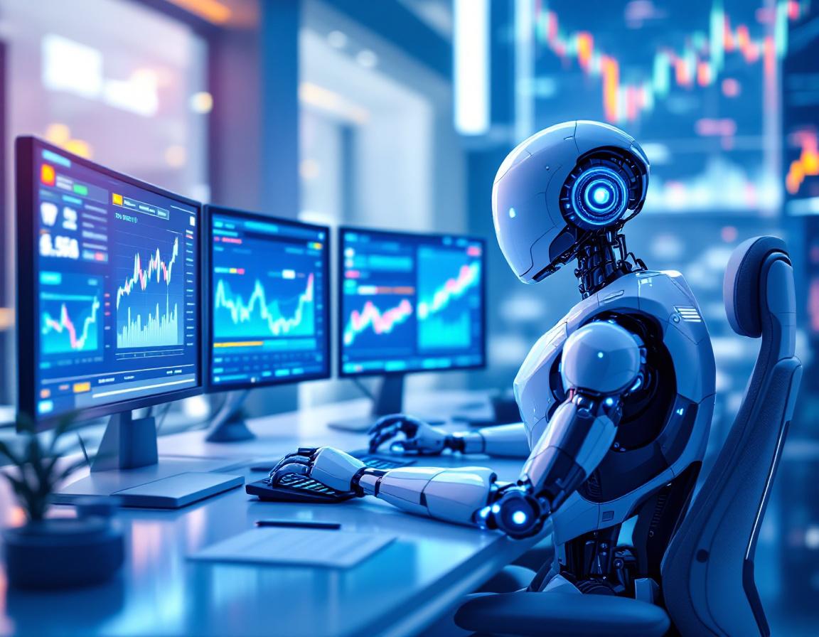 A humanoid AI trading bot analyzes market data at a high-tech workstation with multiple screens.