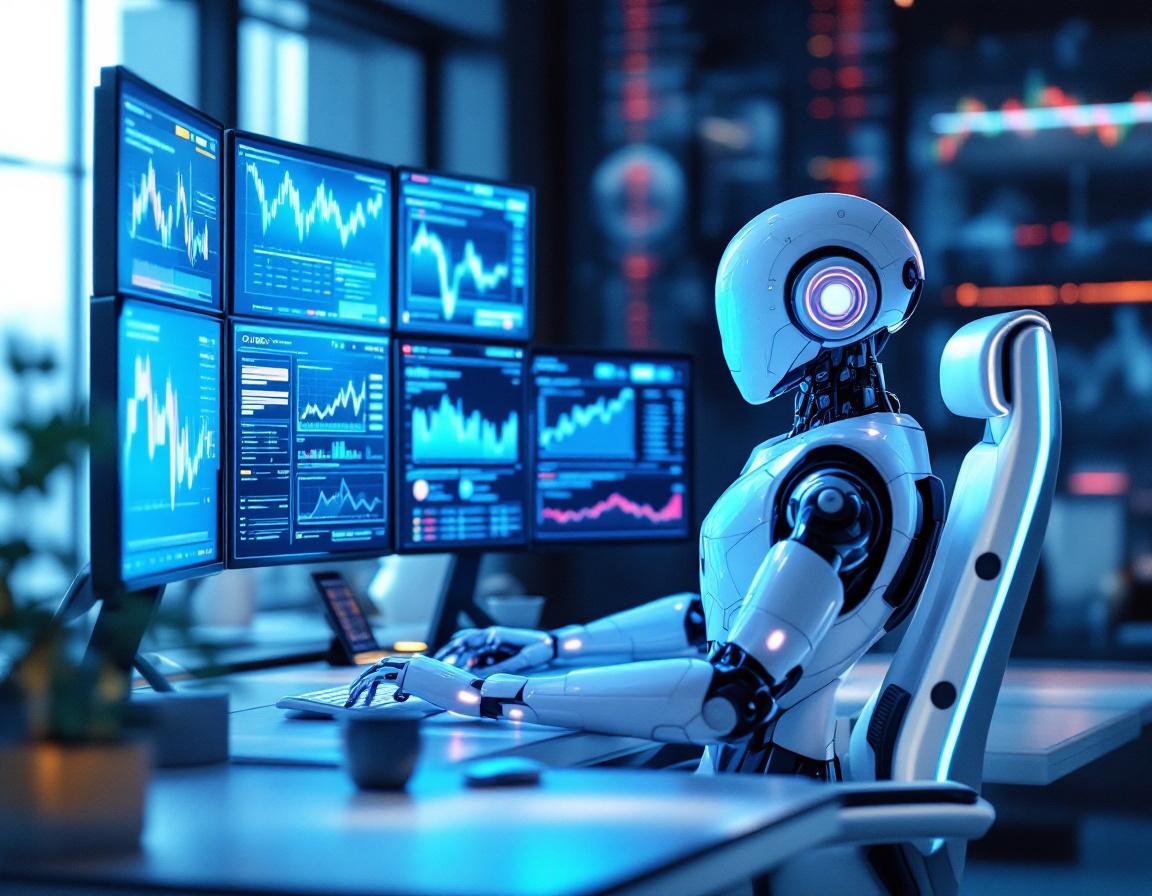 A humanoid AI trading bot analyzes market data at a futuristic workstation with multiple screens.