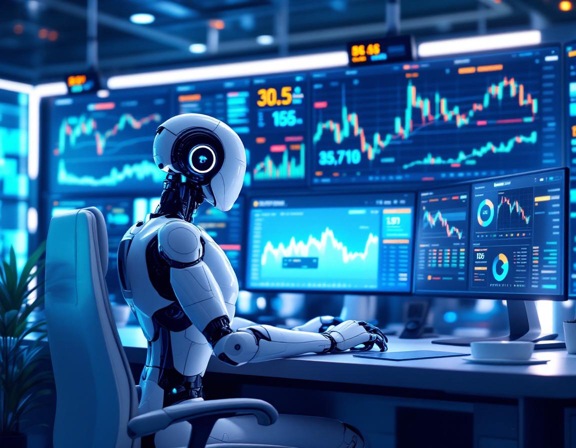 Hyper-realistic AI trading bot at workstation analyzing market data, multiple screens in blue tones.
