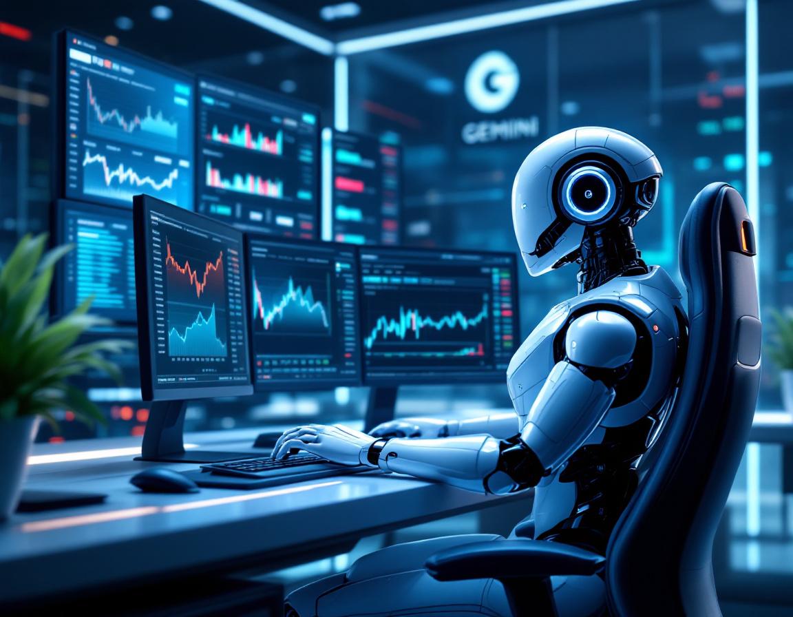A futuristic AI trading bot analyzes market data at a high-tech workstation with multiple screens.