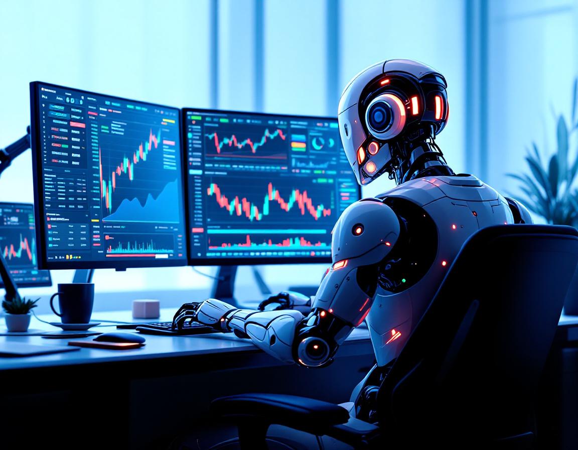 A sleek humanoid AI trading bot at a high-tech desk analyzes market data on multiple screens.