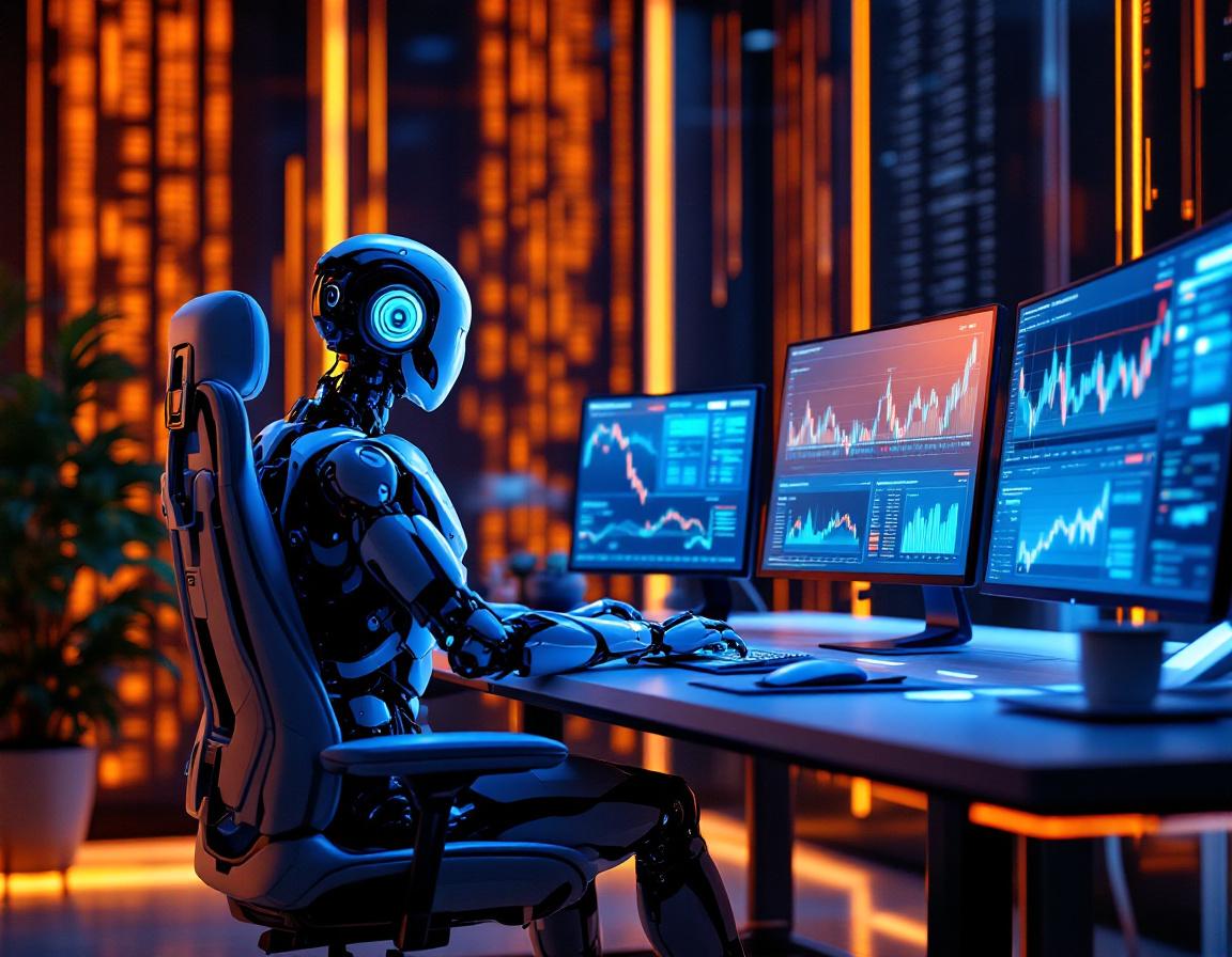 A futuristic AI trading bot operates at a workstation, analyzing market data and executing trades.