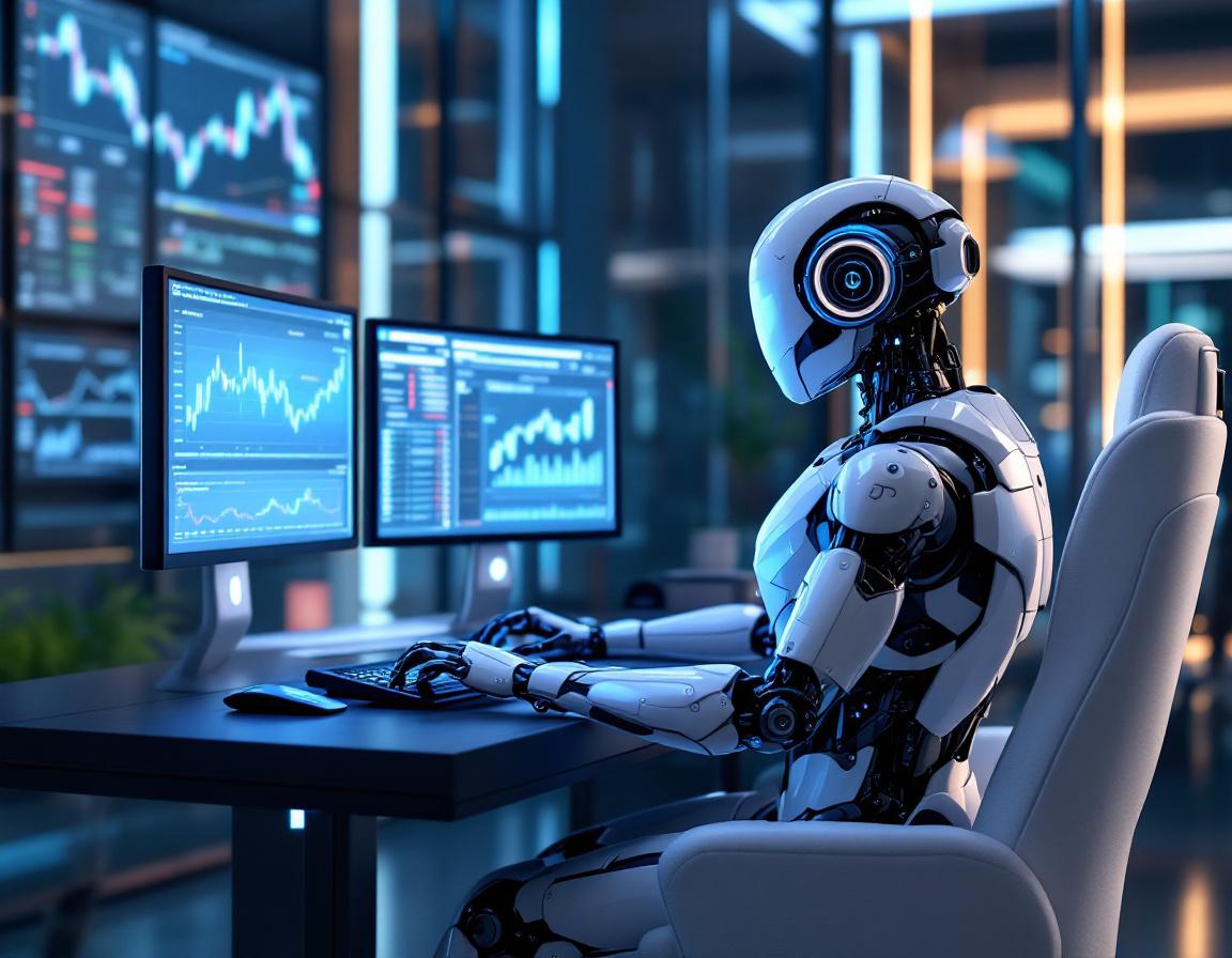 A humanoid AI trading bot analyzes market data at a sleek workstation in a futuristic setting.