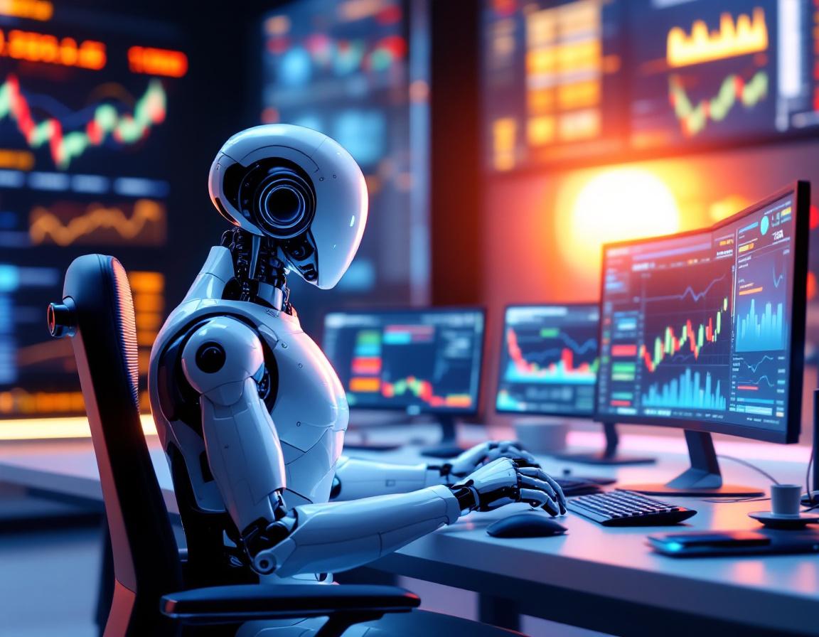 A humanoid AI trading bot at a high-tech workstation analyzes market data on multiple screens.