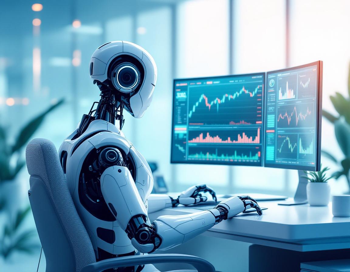 A hyper-realistic AI trading bot at a high-tech workstation analyzing stock and crypto market data.