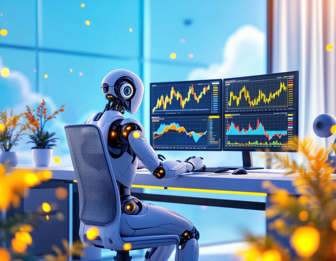 A hyper-realistic AI trading bot at a workstation, analyzing crypto data on multiple screens.