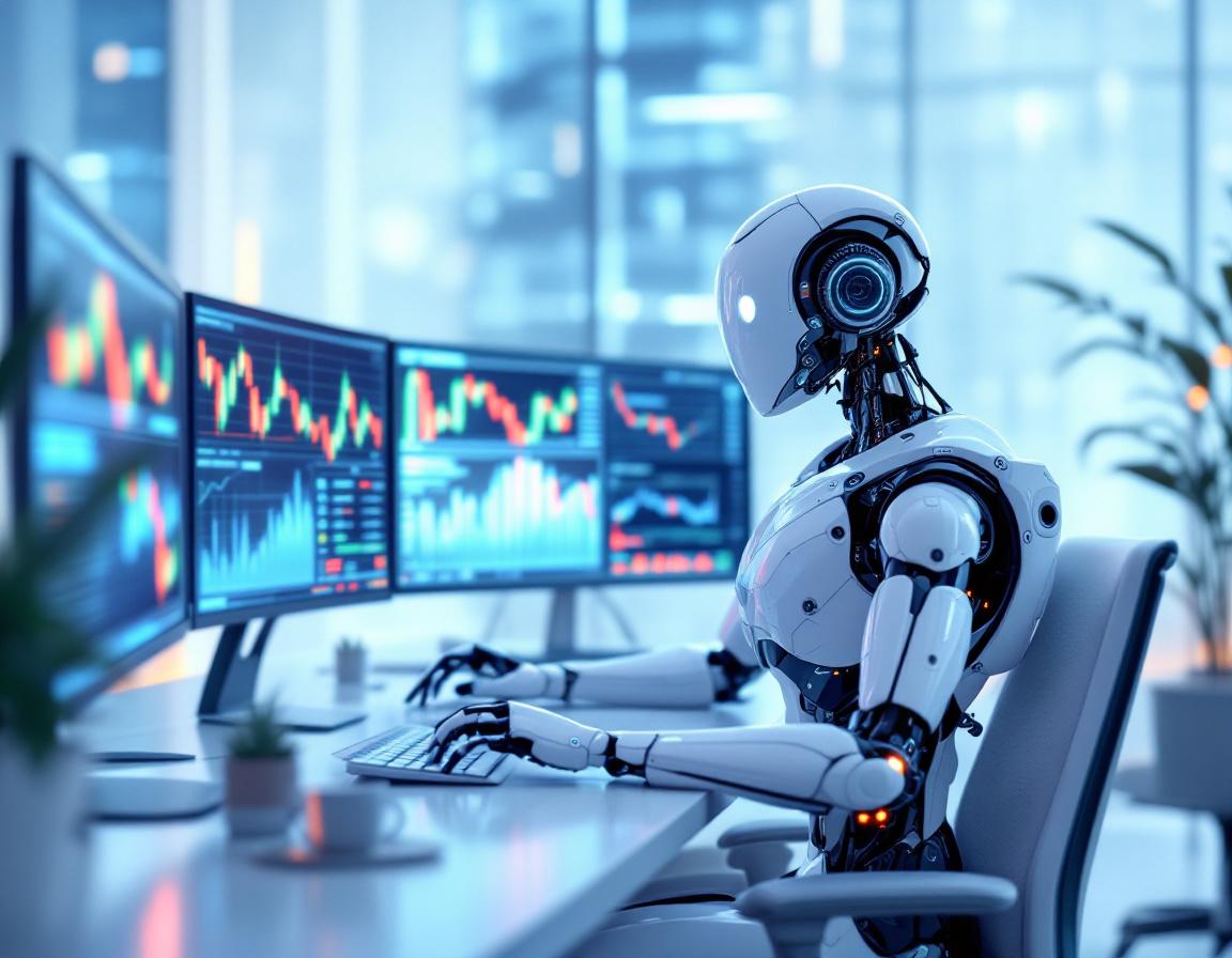 A humanoid AI trading bot at a futuristic workstation, analyzing market data on multiple screens.