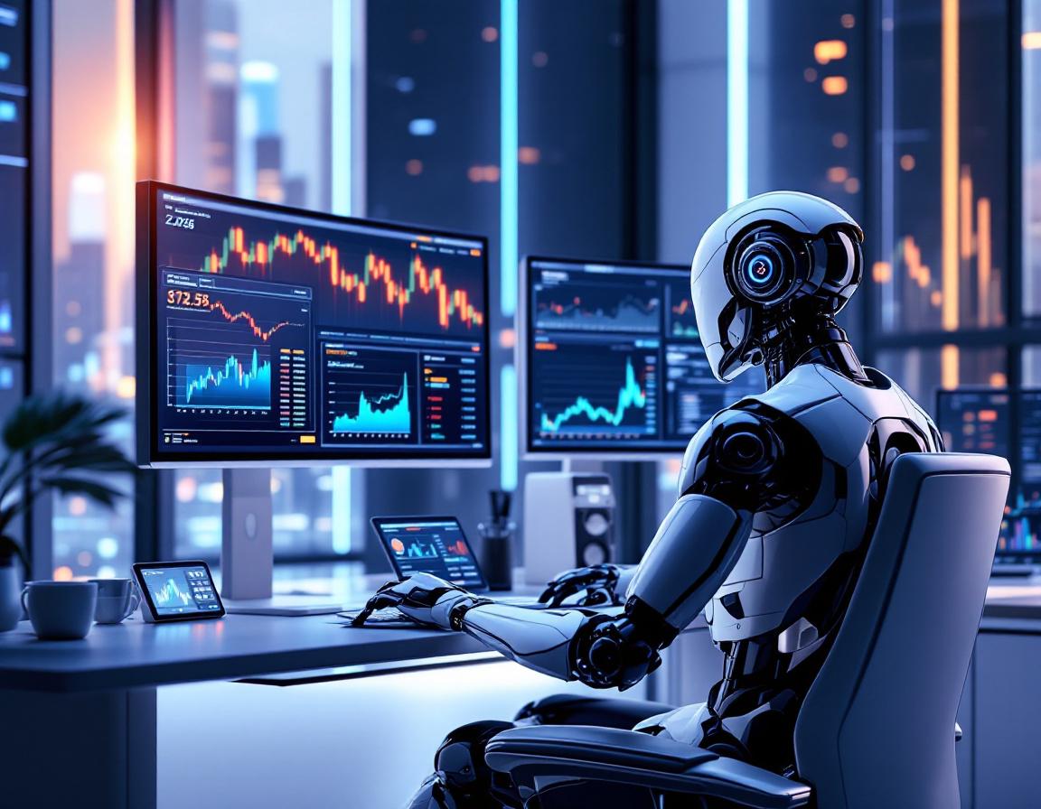 A hyper-realistic AI trading bot analyzes market data at a sleek workstation with multiple screens.