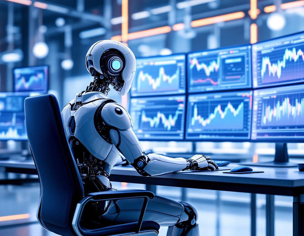 A hyper-realistic AI trading bot in a futuristic workspace analyzing stock and crypto market data.