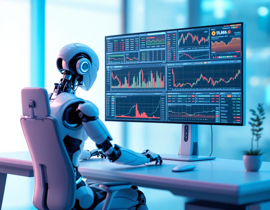 A hyper-realistic AI trading bot at a sleek workstation, analyzing market data on multiple screens.