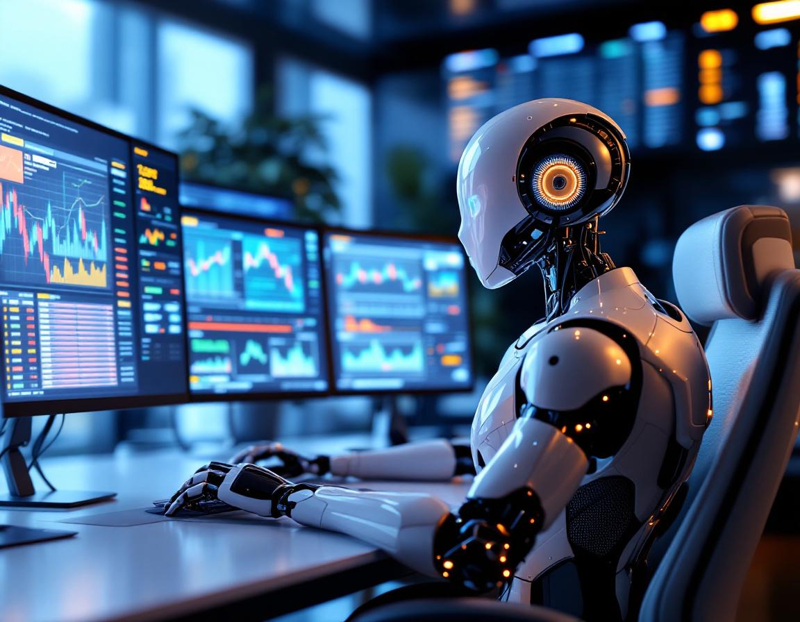A futuristic scene with a hyper-realistic AI trading bot analyzing market data on multiple screens.