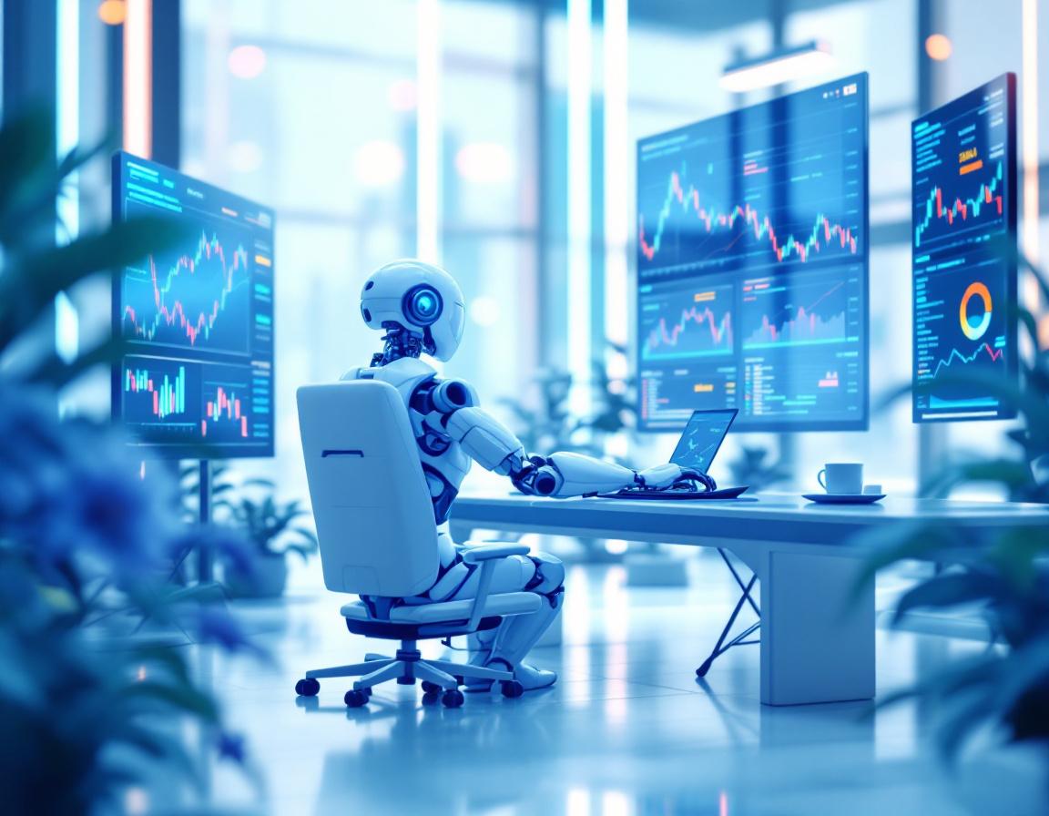 A humanoid AI trading bot sits at a high-tech workstation analyzing market data on multiple screens.