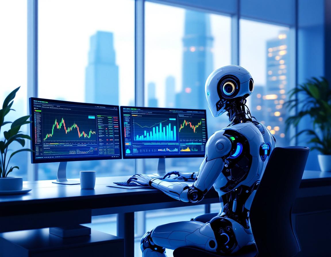 A hyper-realistic AI trading bot at a workstation, analyzing market data across glowing screens.