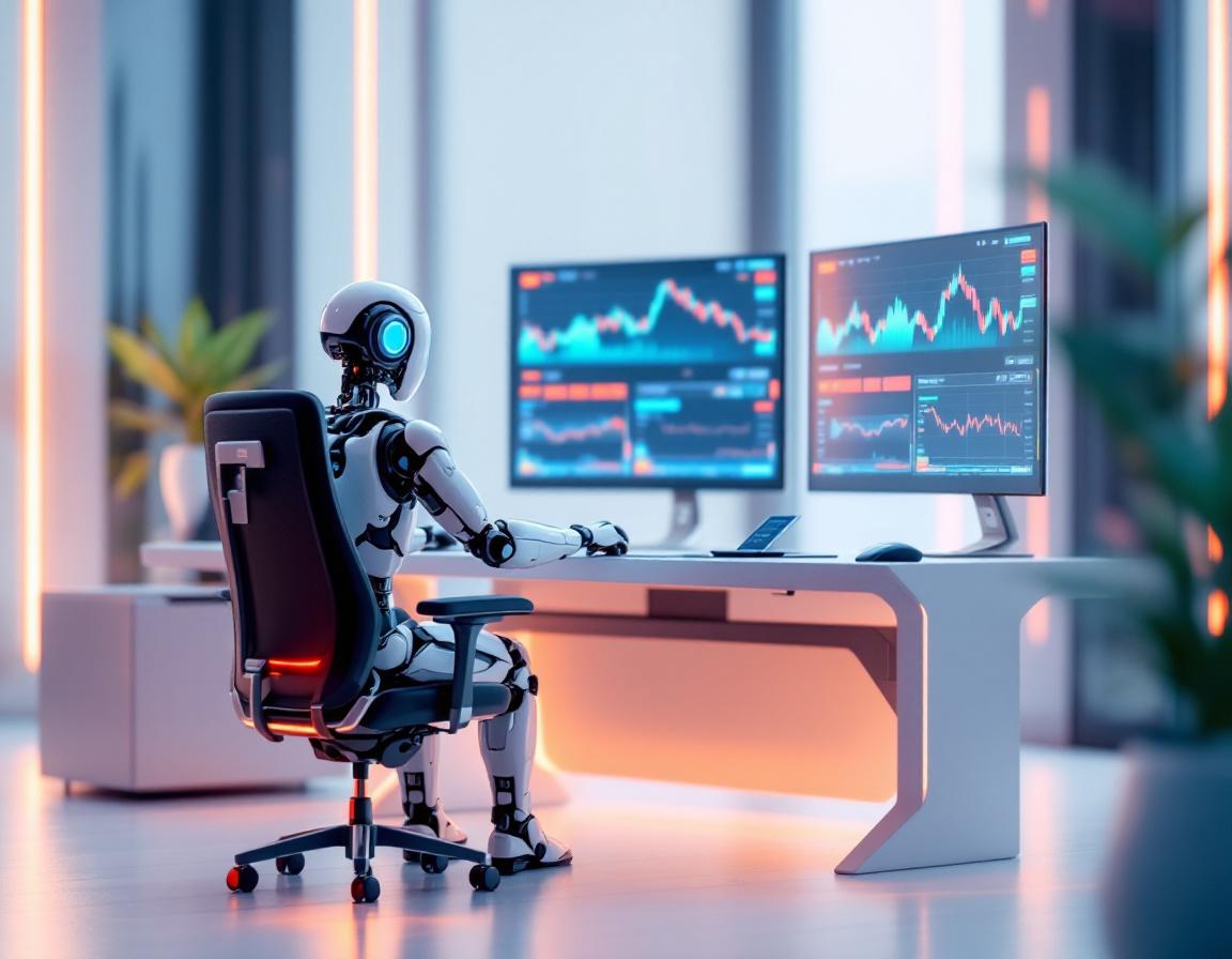 A hyper-realistic AI trading bot in a futuristic setting, analyzing market data on multiple screens.