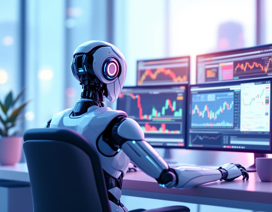 A sleek, humanoid AI trading bot at a high-tech workstation engaged in real-time market analysis.