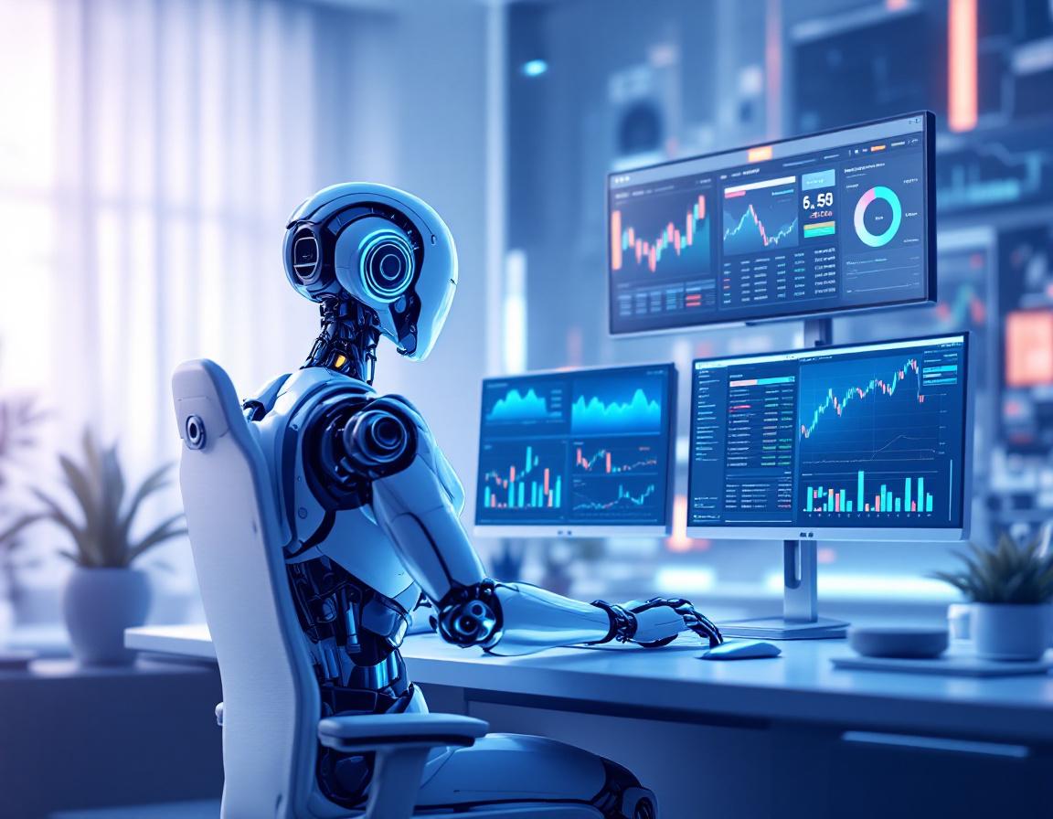 A humanoid AI trading bot analyzes market data at a high-tech workstation with glowing screens.