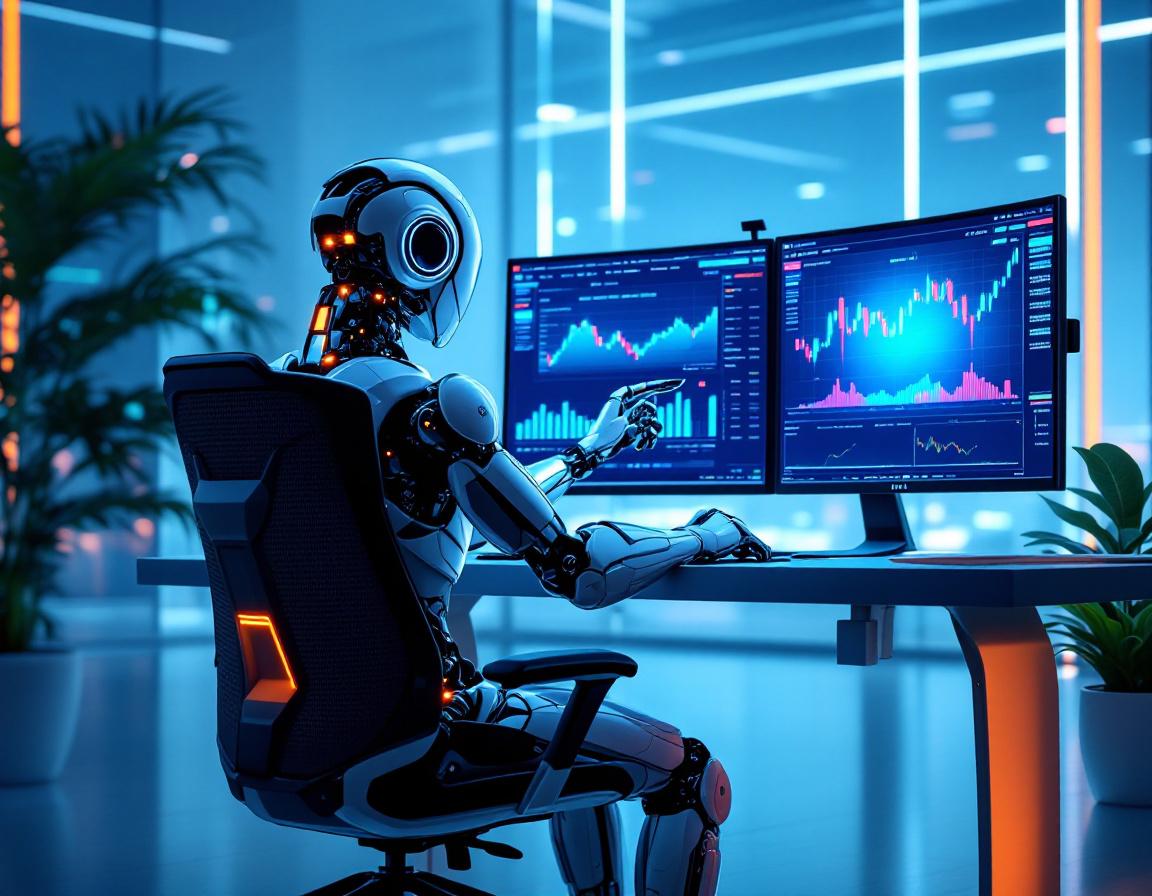 A humanoid AI trading bot analyzes crypto and stock market data at a futuristic workstation.