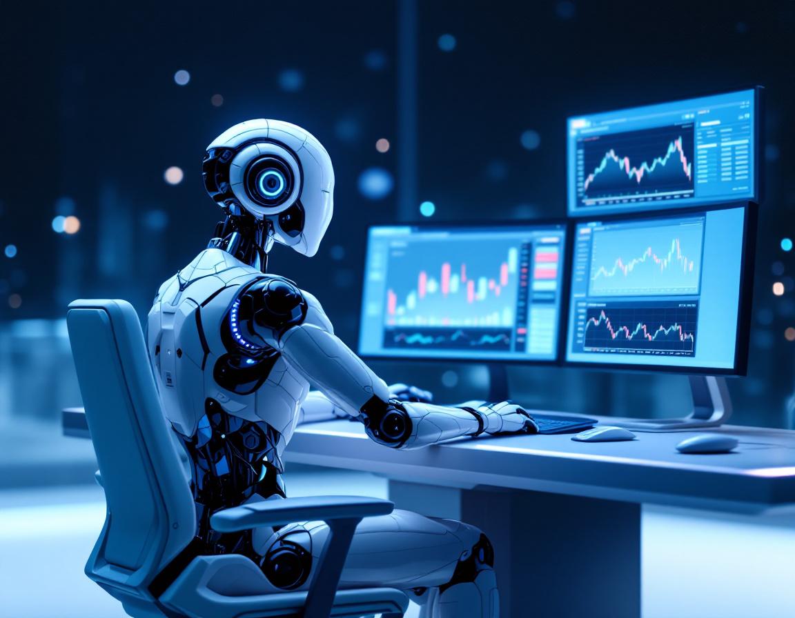 A hyper-realistic AI trading bot analyzes market data at a high-tech workstation displaying charts.