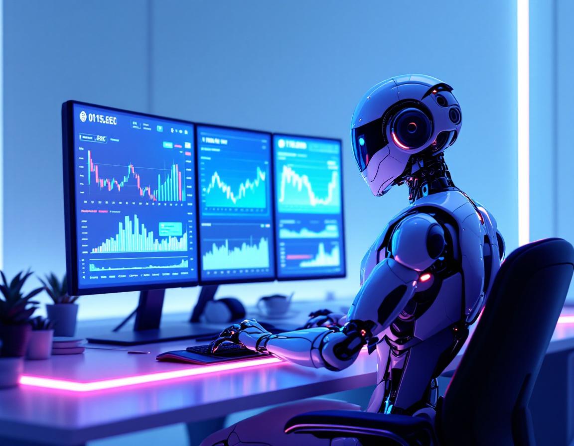 A hyper-realistic AI trading bot analyzes market data in a sleek, futuristic trading environment.