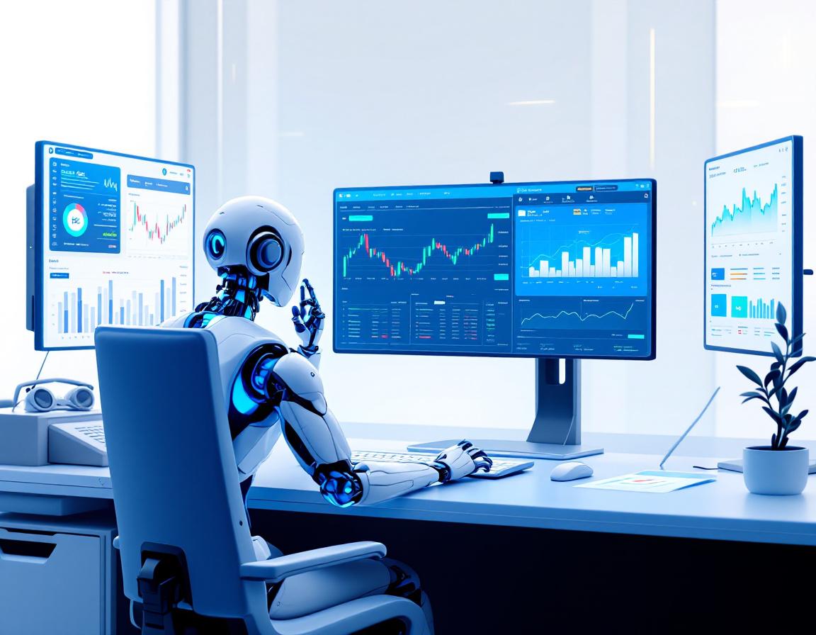 A futuristic AI trading bot at a high-tech workstation analyzing market data with multiple screens.