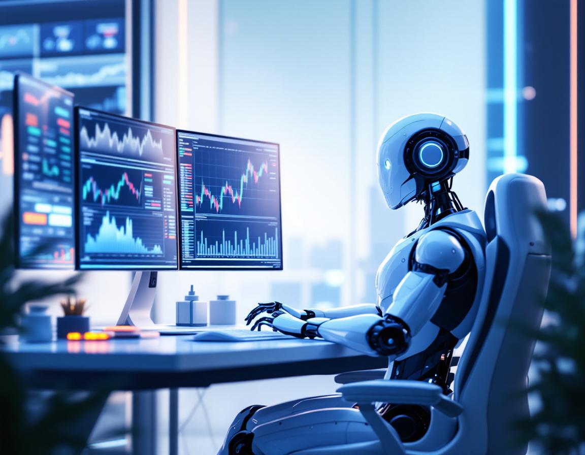 A hyper-realistic AI trading bot at a high-tech workstation analyzing crypto and stock market data.