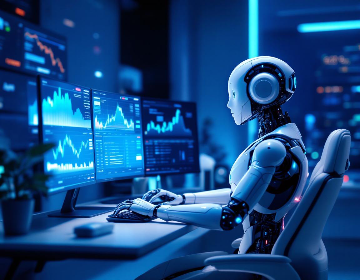 A humanoid AI trading bot analyzes market data at a high-tech workstation with multiple screens.