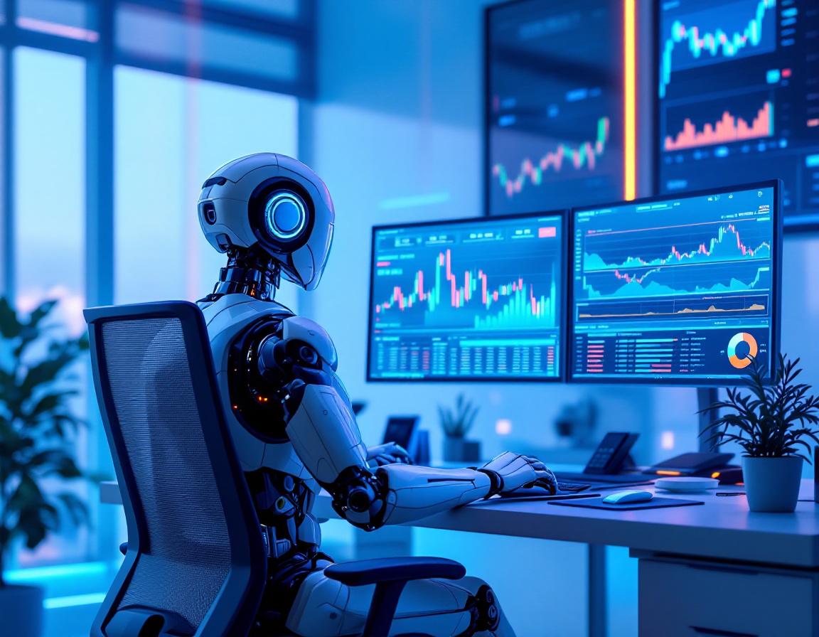 A hyper-realistic AI trading bot analyzes market data at a high-tech workstation with neon lighting.