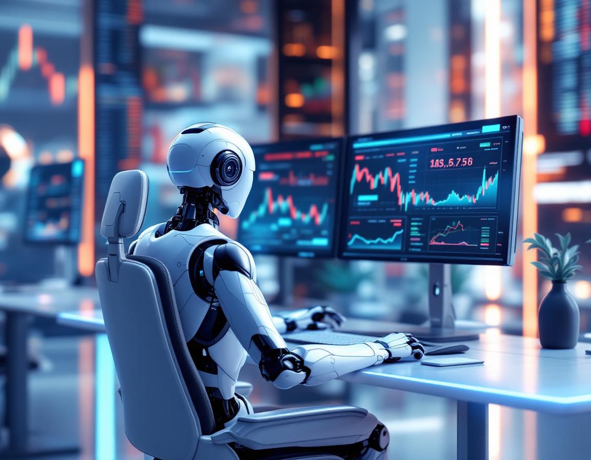 A hyper-realistic AI trading bot at a workstation, analyzing market data across multiple screens.