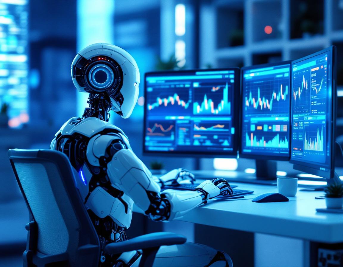 A humanoid AI trading bot analyzes market data at a high-tech workstation with vibrant screens.