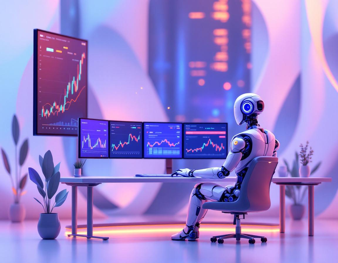 A hyper-realistic AI trading bot at a workstation analyzing multiple stock and crypto market charts.