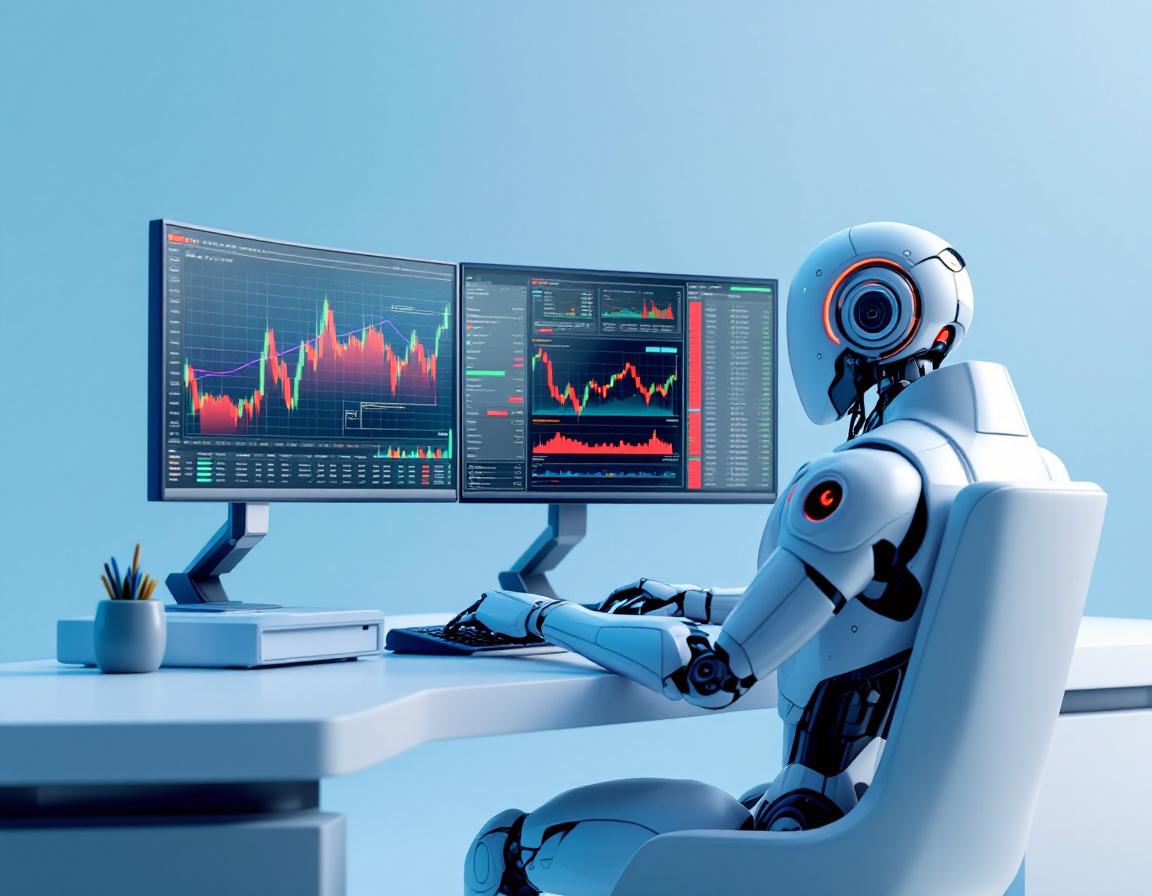 A humanoid AI trading bot at a high-tech workstation analyzing crypto and stock market data.
