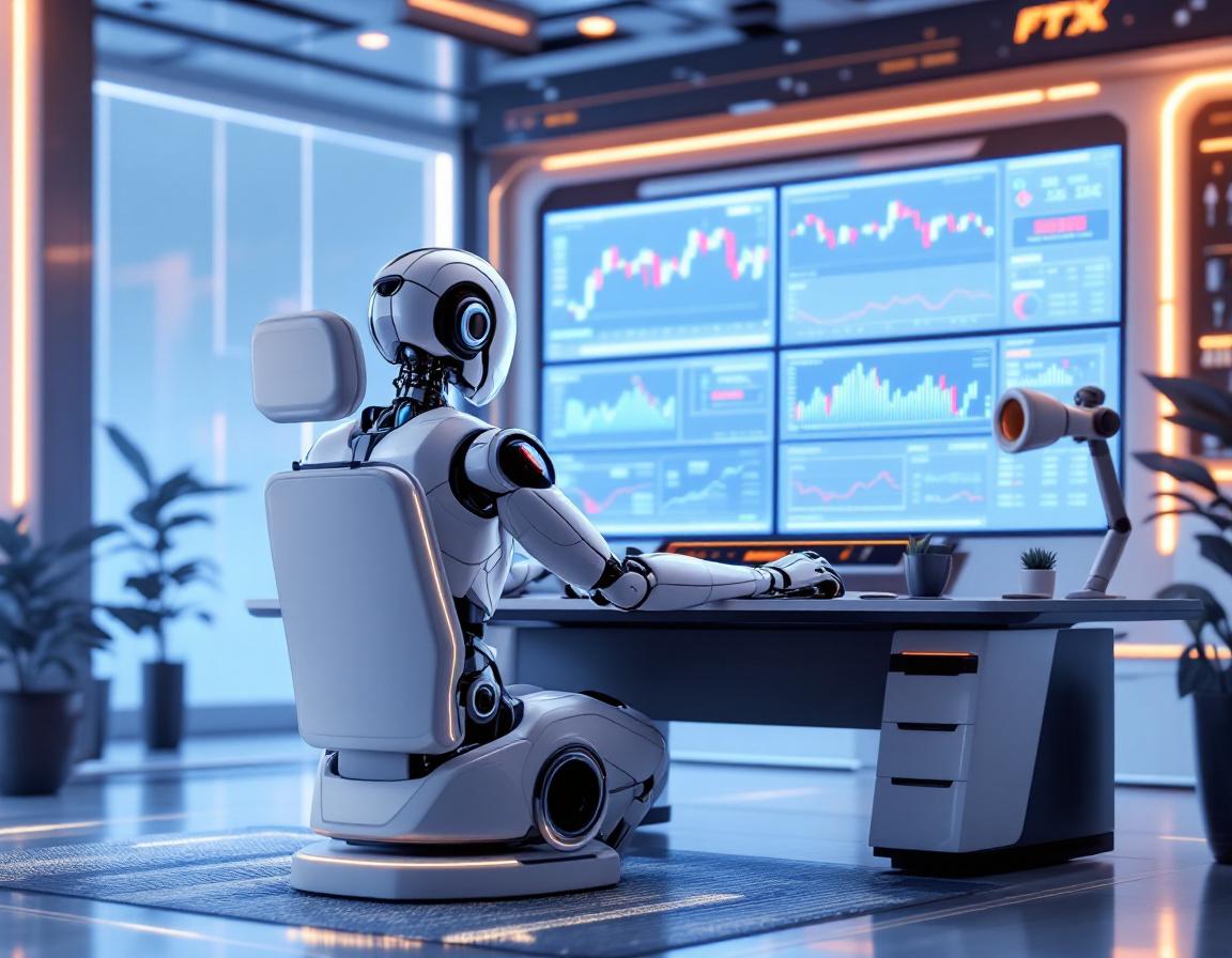 A hyper-realistic AI trading bot in a futuristic workspace analyzes market data on multiple screens.