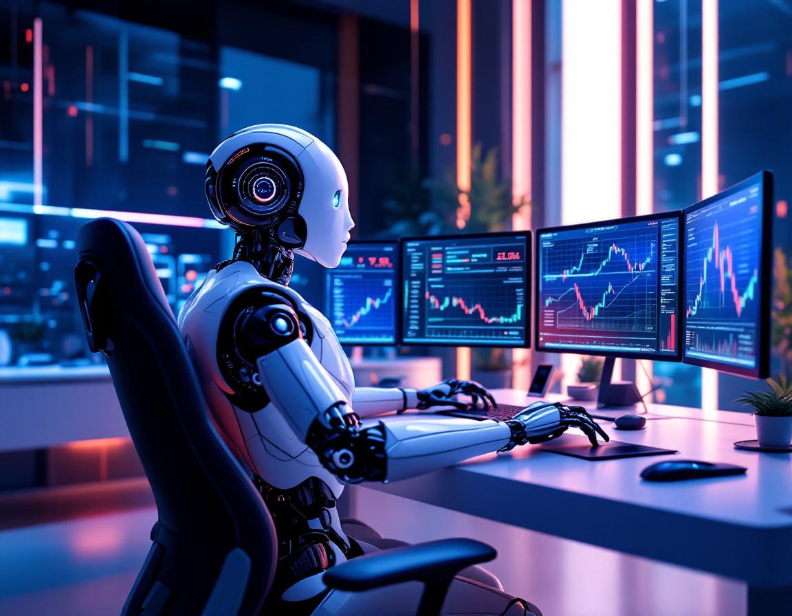 A sleek humanoid AI trading bot analyzes data at a futuristic workstation, displaying stock charts.
