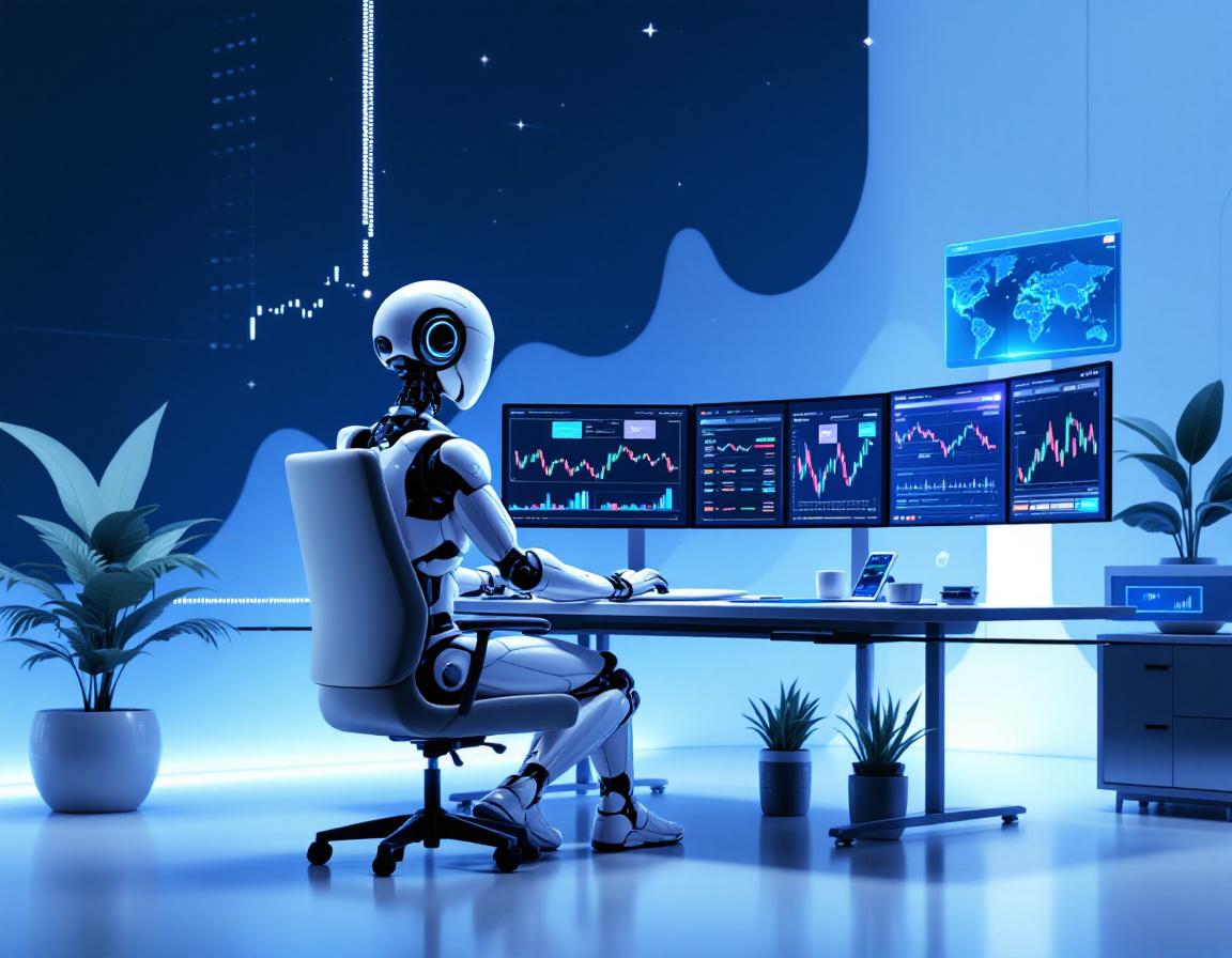 A hyper-realistic AI trading bot analyzing market data in a futuristic financial workspace.