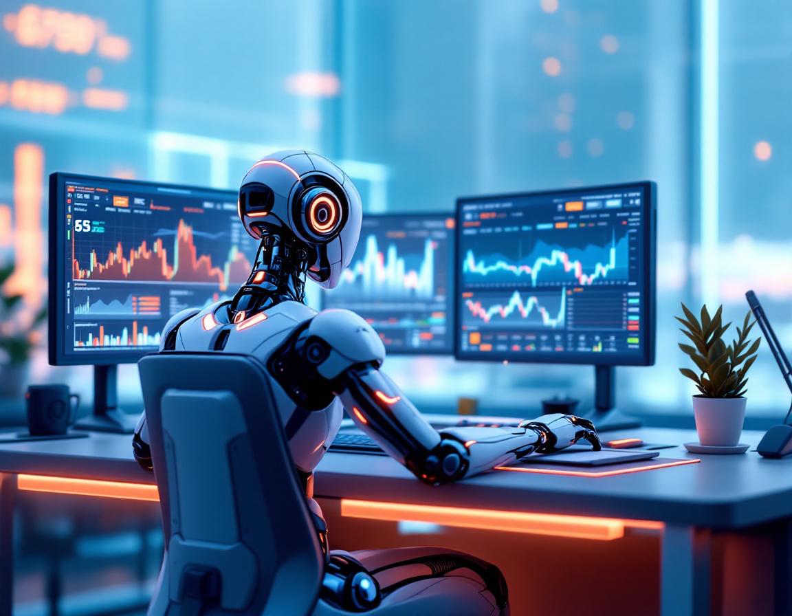 A humanoid AI trading bot at a futuristic workstation, analyzing market data on multiple screens.