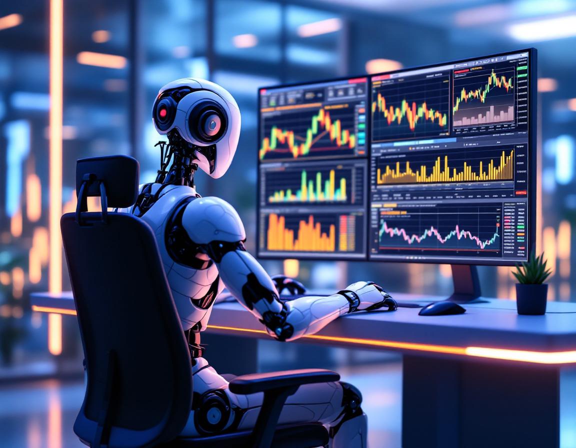 A realistic AI trading bot analyzes market data at a high-tech workstation with multiple displays.