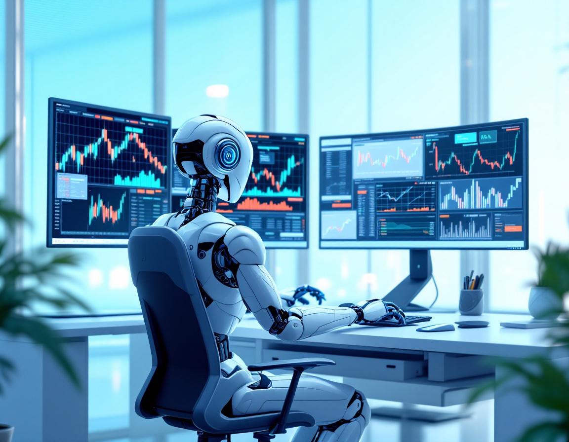 Hyper-realistic AI trading bot at a high-tech workstation analyzing crypto and stock market data.