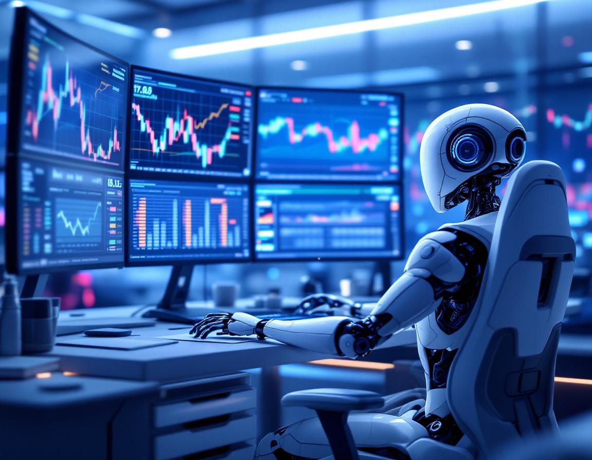 A sleek humanoid AI trading bot at a high-tech workstation, analyzing stock and crypto market data.