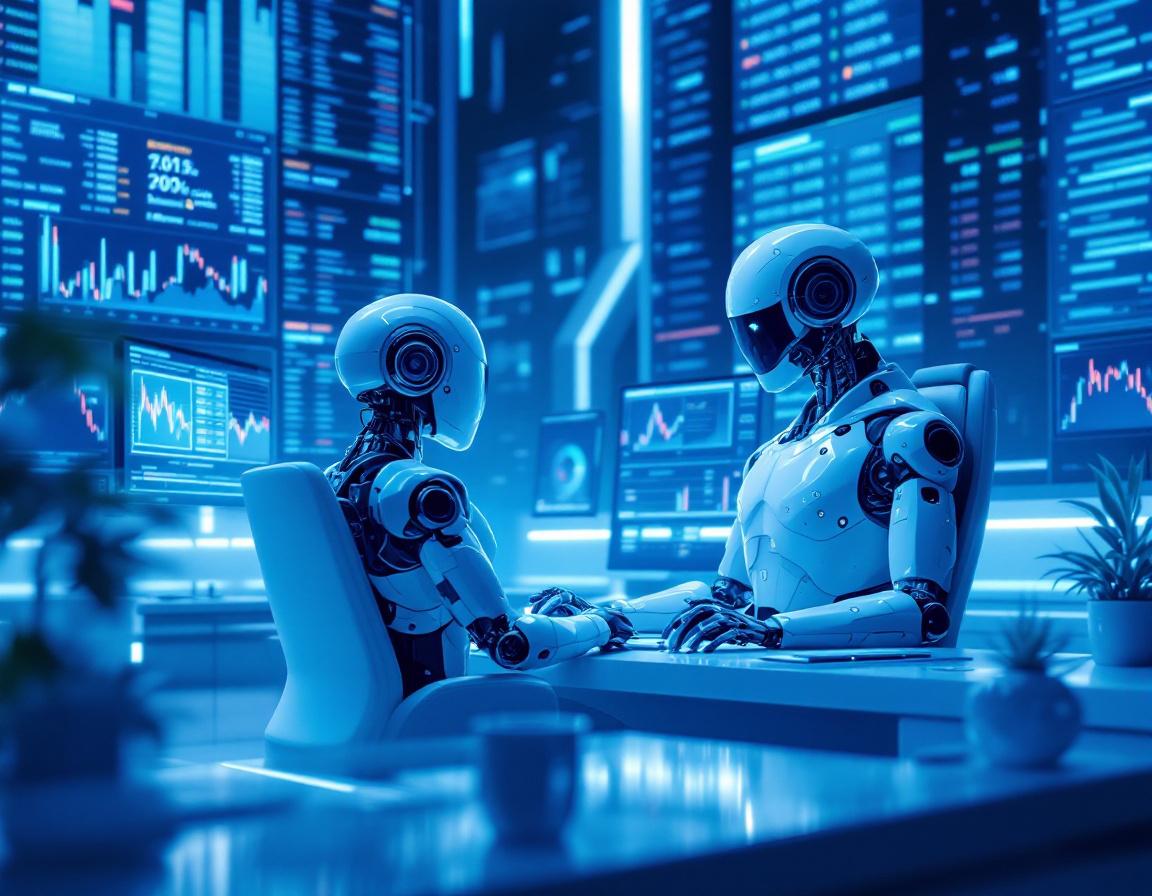A humanoid AI trading bot analyzes data at a high-tech workstation, surrounded by glowing screens.