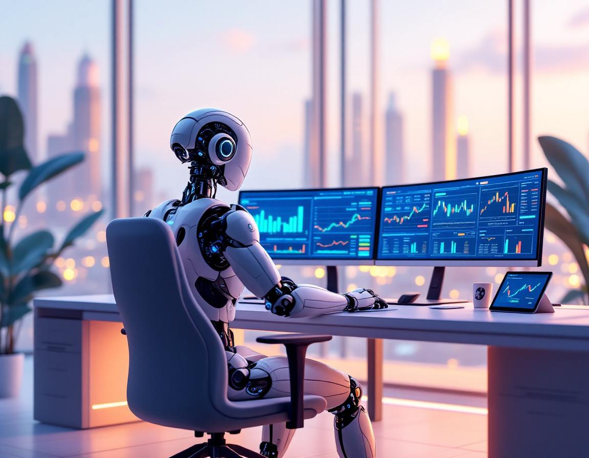 A hyper-realistic AI trading bot at a workstation analyzing data on screens in a futuristic setting.