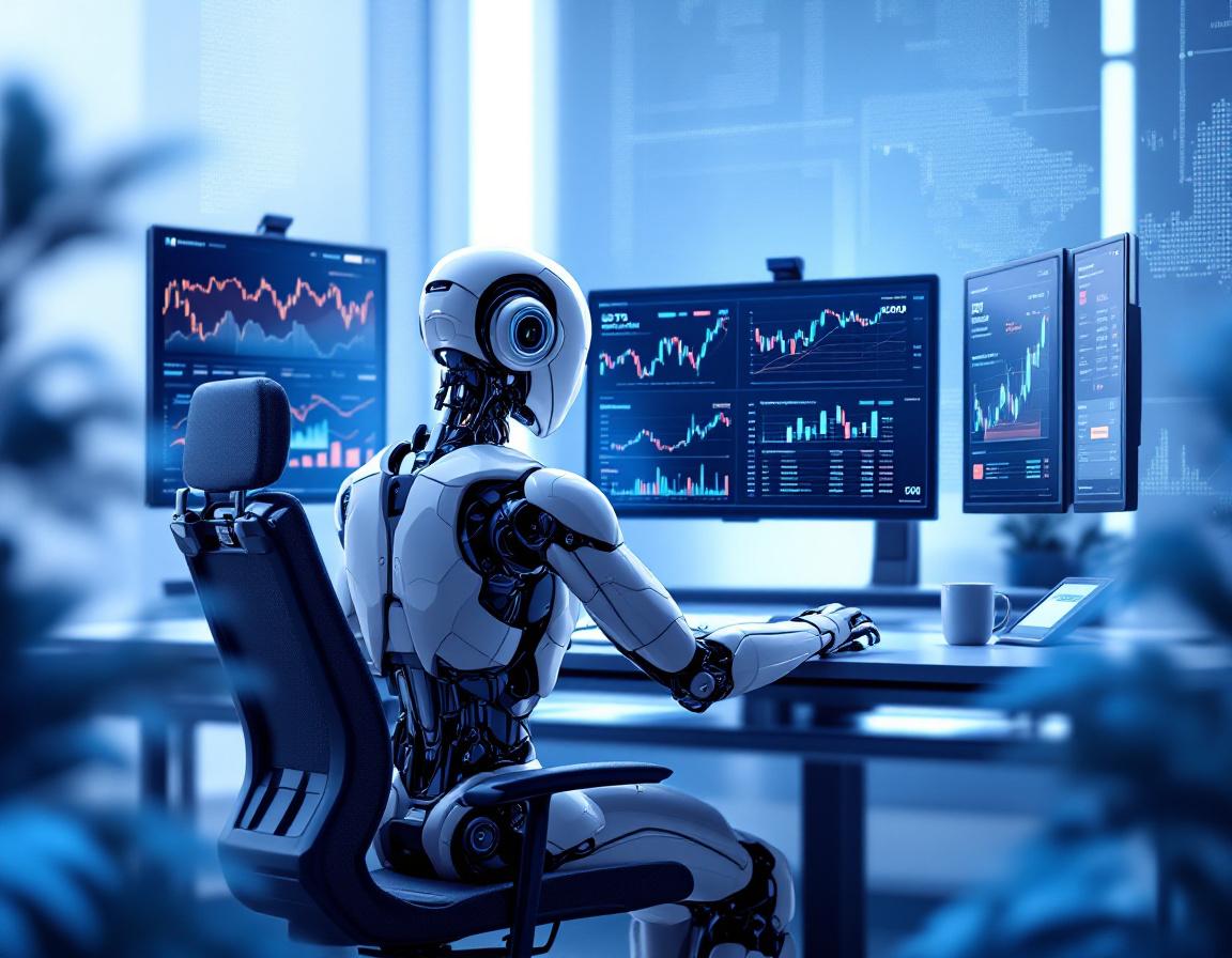 A humanoid AI trading bot analyzes market data at a high-tech workstation with multiple screens.
