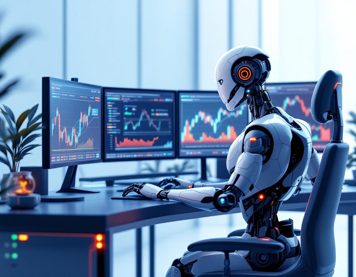 A hyper-realistic AI trading bot at a sleek workstation, analyzing market data on multiple screens.