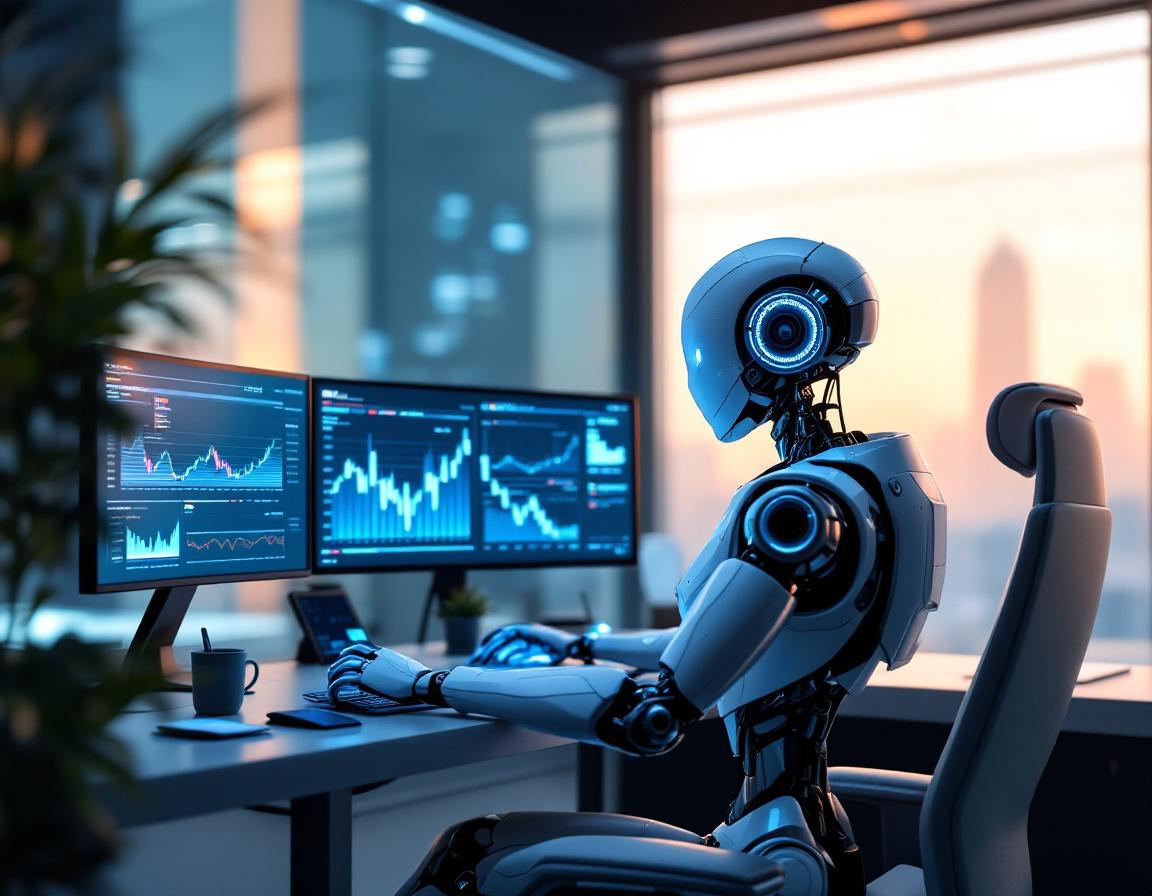 A sleek humanoid AI trading bot in a futuristic workspace analyzing market data on multiple screens.